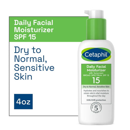 Cetaphil Daily Facial Moisturizer With Sunscreen, Broad Spectrum SPF 15, Fragrance Free, 4 oz