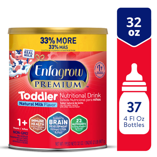 Enfagrow NeuroPro Omega 3 DHA Prebiotics Non-GMO Toddler Nutritional Milk Drink, Natural Milk Flavor Powder, 32 Oz, Can