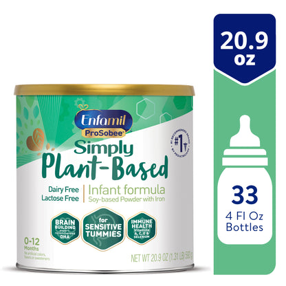 Enfamil ProSobee Soy-Based Infant Formula for Sensitive Tummies, Lactose-Free, Milk-Free, and DHA for Brain Support, Plant-Sourced Protein Powder Can, 20.9 Oz