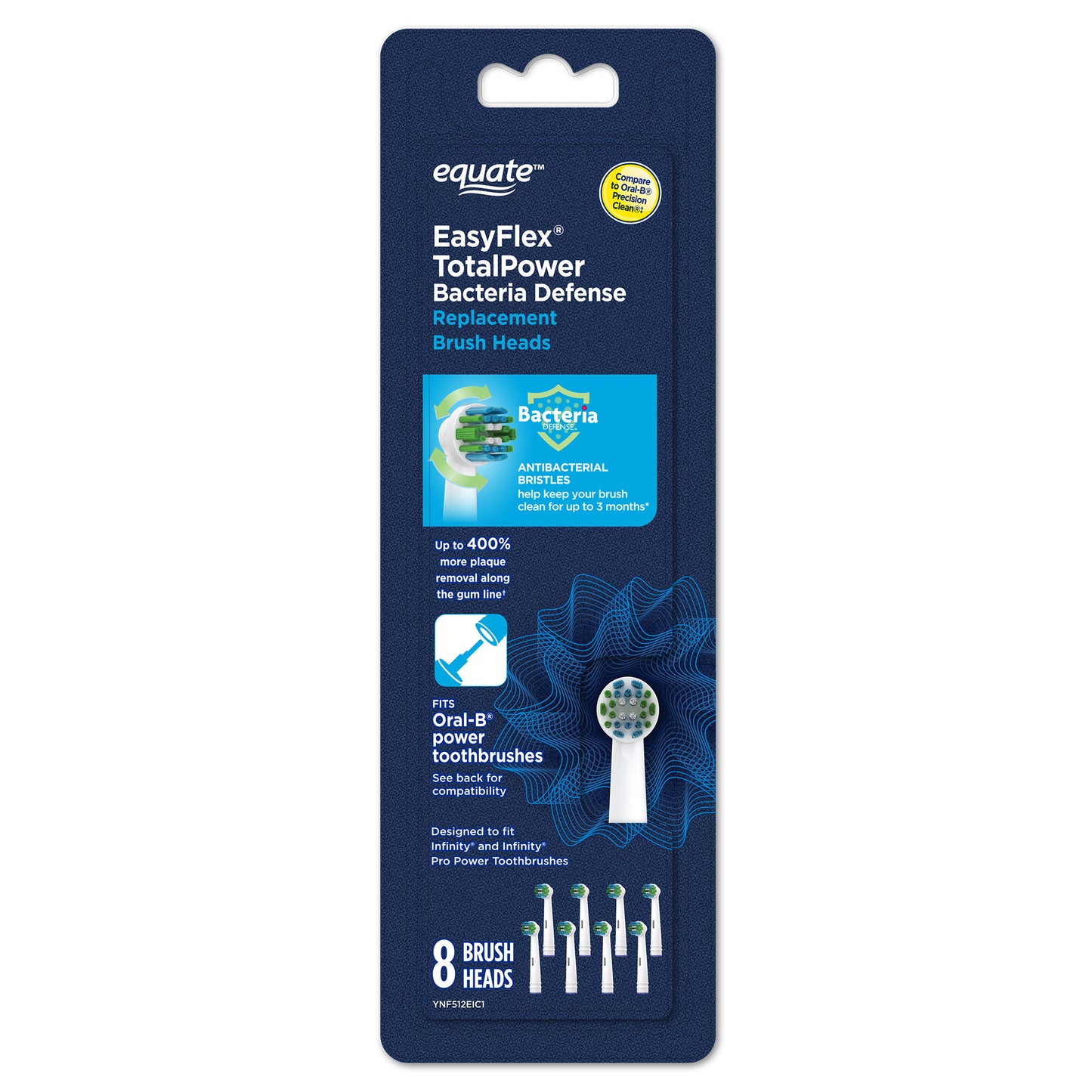 Equate EasyFlex Total Power Replacement Brush Heads, Fits most Oral-B toothbrushes, Antibacterial Bristles, 8 Ct