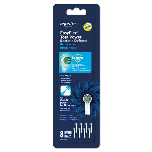 Equate EasyFlex Total Power Replacement Brush Heads, Fits most Oral-B toothbrushes, Antibacterial Bristles, 8 Ct