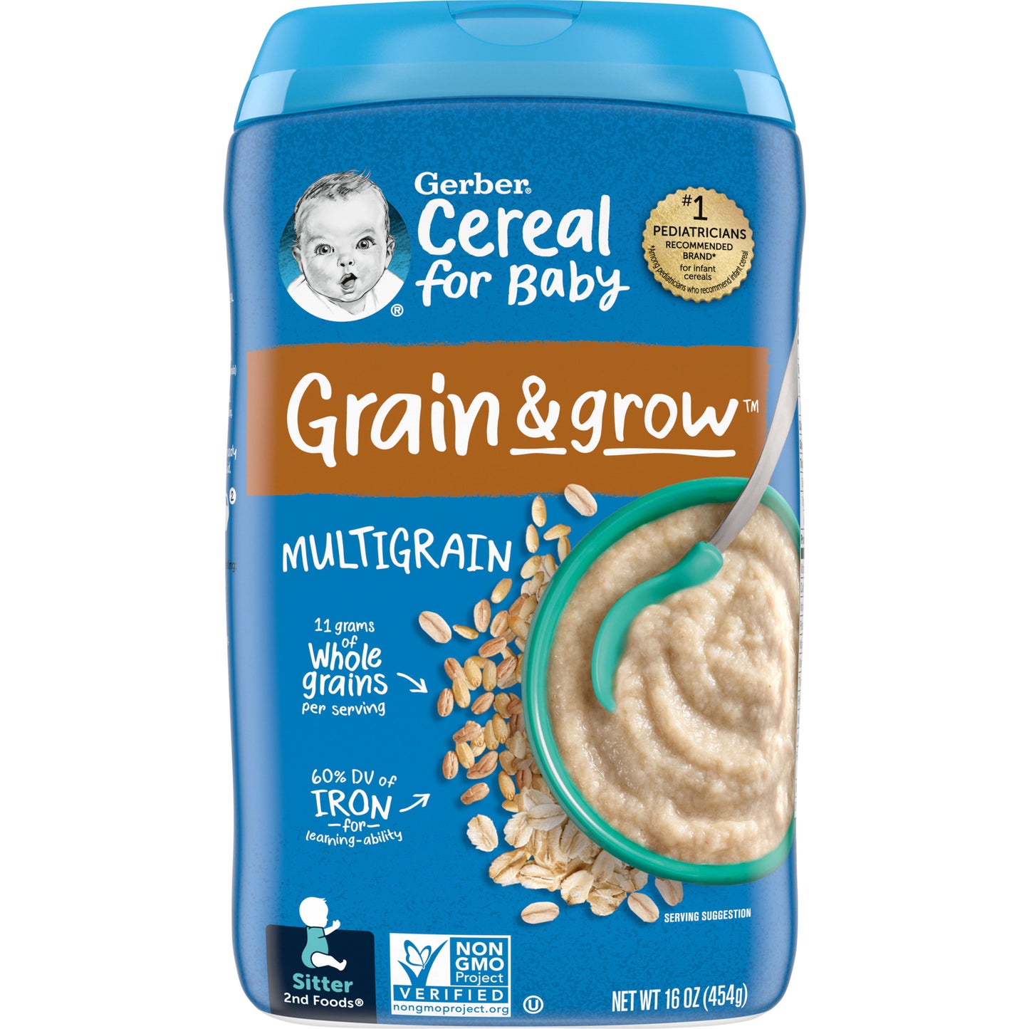 Gerber 2nd Foods Cereal for Baby Grain &amp; Grow Baby Cereal, Multigrain, 16 oz Canister