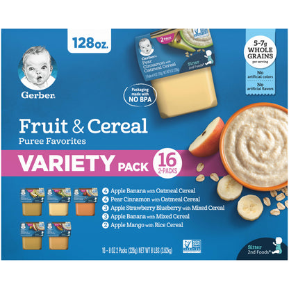 Gerber 2nd Foods Fruit &amp; Cereal Puree Favorites Baby Food, Variety Pack, 4 oz Tubs (32 Pack)