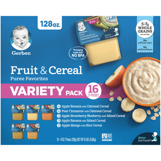 Gerber 2nd Foods Fruit &amp; Cereal Puree Favorites Baby Food, Variety Pack, 4 oz Tubs (32 Pack)