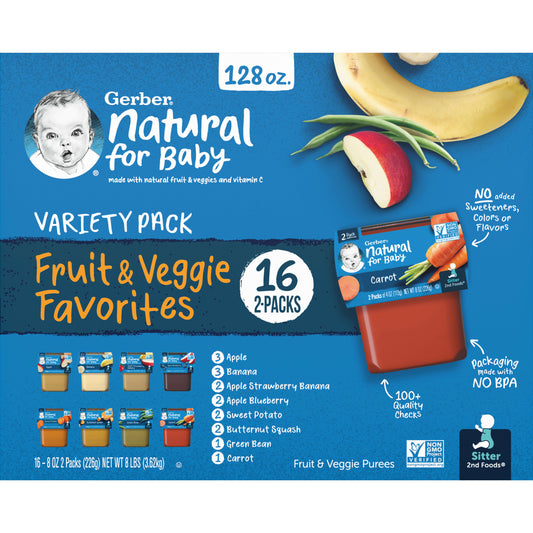 Gerber 2nd Foods Natural for Baby Fruit &amp; Veggie Favorites, Variety Pack, 4 oz Tubs (32 Pack)