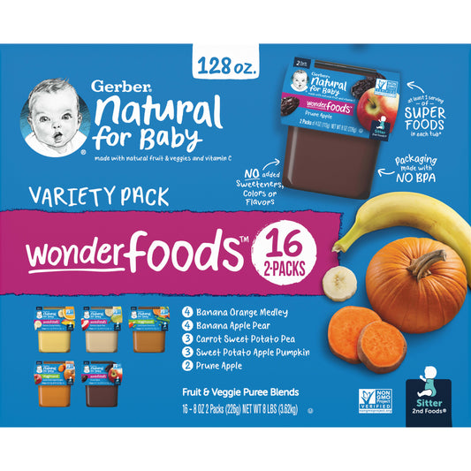 Gerber 2nd Foods Natural for Baby WonderFoods Baby Food, Variety Pack, 4 oz Tubs (32 Pack)