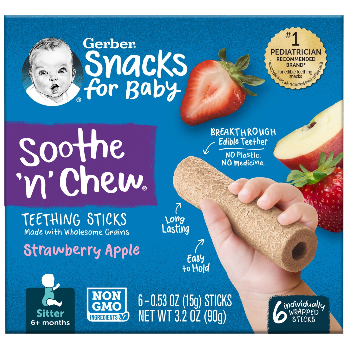 Gerber Snacks for Baby Strawberry Apple Teething Sticks, 3.2 oz Boxes (6 Pack)