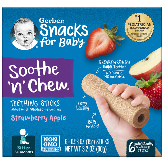 Gerber Snacks for Baby Strawberry Apple Teething Sticks, 3.2 oz Boxes (6 Pack)