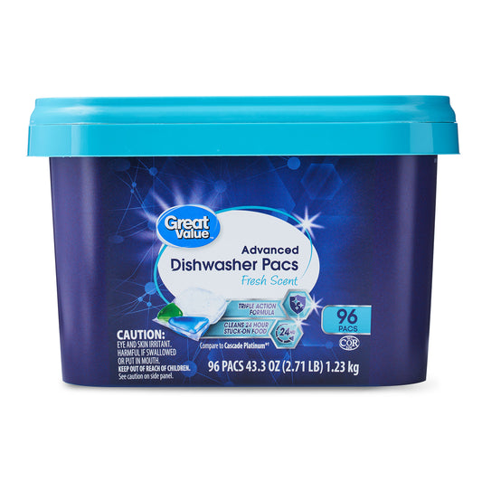 Great Value Advanced Dishwasher Pacs, Fresh Scent, 96 Count