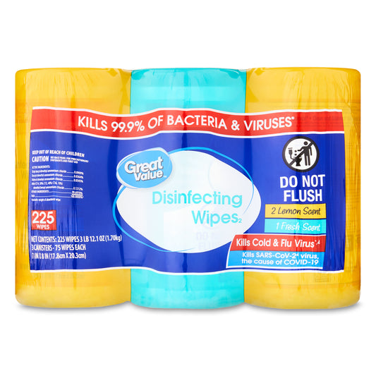 https://www.walmart.com/ip/Great-Value-Disinfecting-Wipes-Fresh-and-Lemon-Scent-225-Wipes/35067463