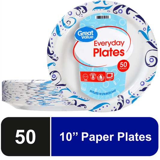Great Value Everyday Strong, Soak Proof, Microwave Safe, Disposable Paper Plates, 10 in, Patterned, 50 Count
