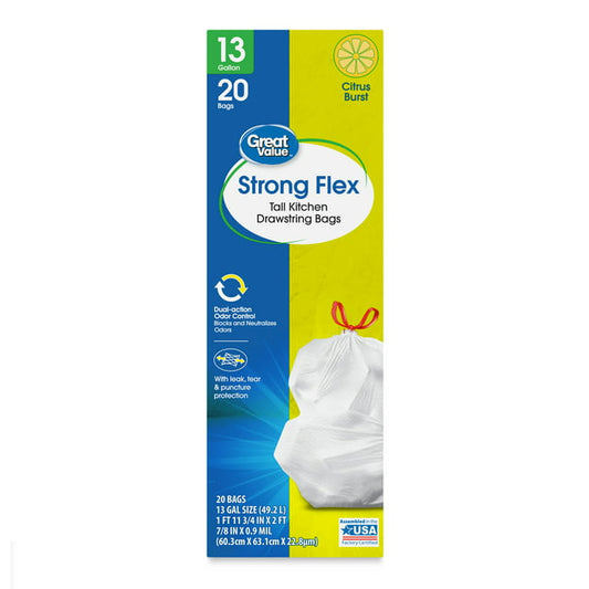 Great Value Strong Flex 13-Gallon Drawstring Tall Kitchen Trash Bags, Citrus Burst