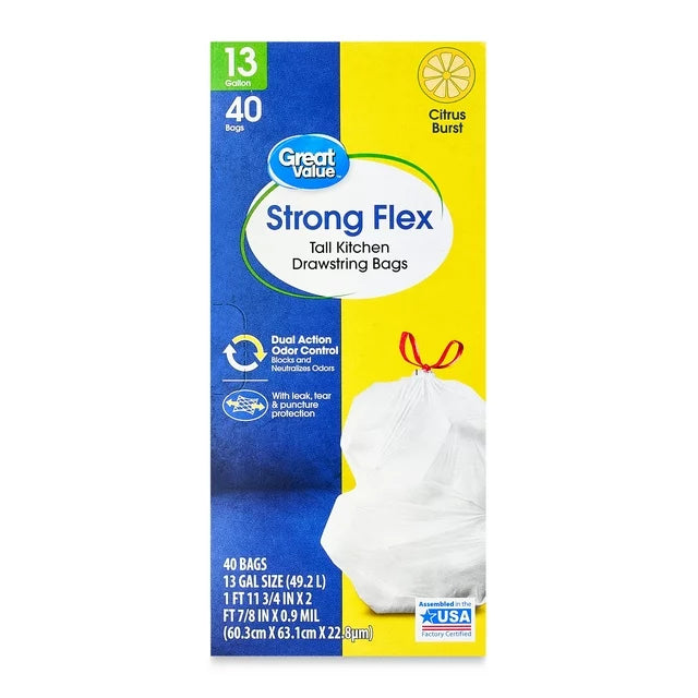Great Value Strong Flex 13-Gallon Drawstring Tall Kitchen Trash Bags, Citrus Burst