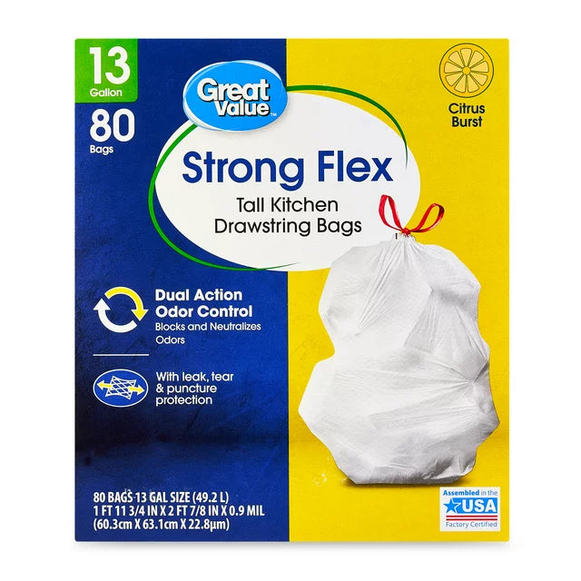 Great Value Strong Flex 13-Gallon Drawstring Tall Kitchen Trash Bags, Citrus Burst