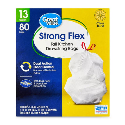 Great Value Strong Flex 13-Gallon Drawstring Tall Kitchen Trash Bags, Citrus Burst
