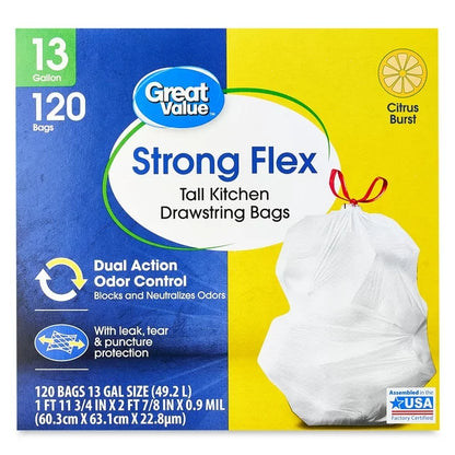 Great Value Strong Flex 13-Gallon Drawstring Tall Kitchen Trash Bags, Citrus Burst