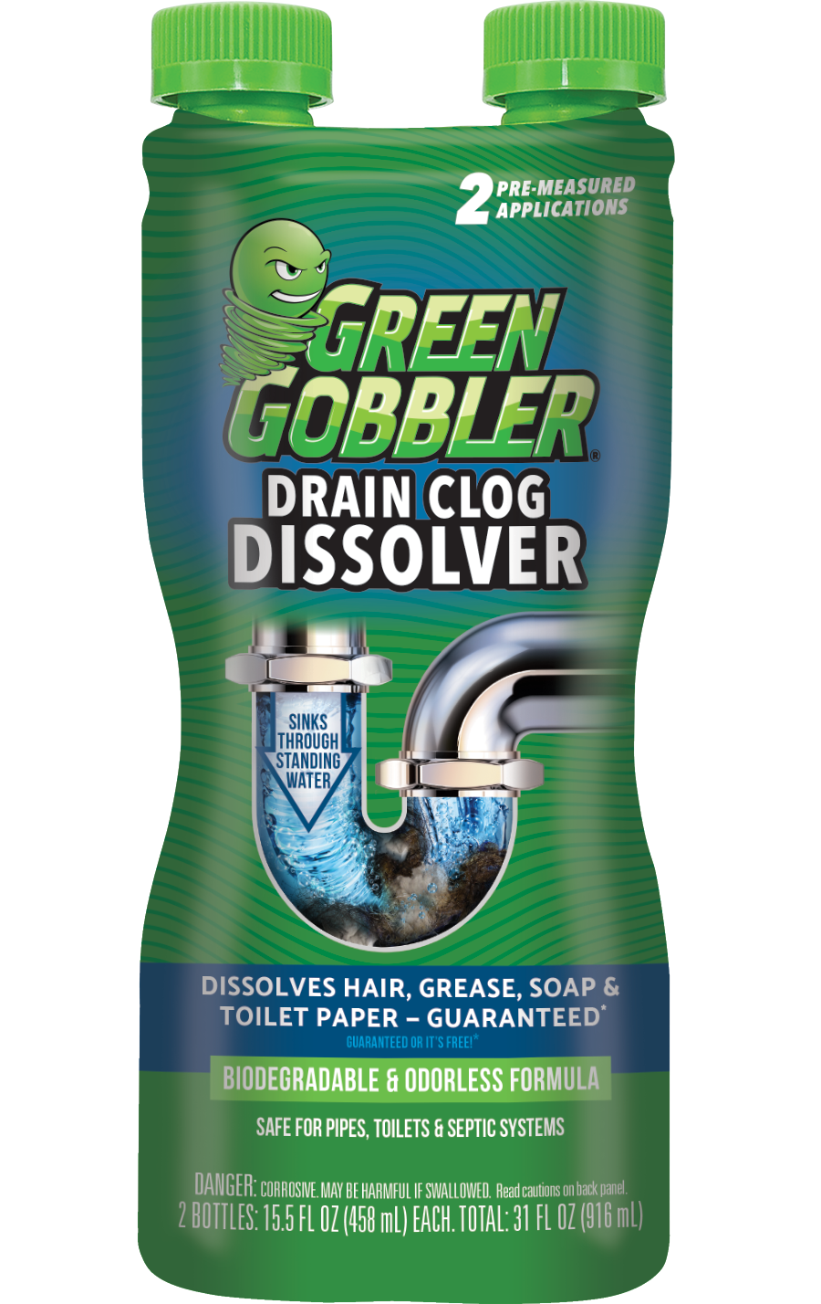 Green Gobbler Drain Clog Remover & Cleaner for Toilets, Sinks, Showers Septic-Safe, 31 oz, 1 Ct - 2 Uses