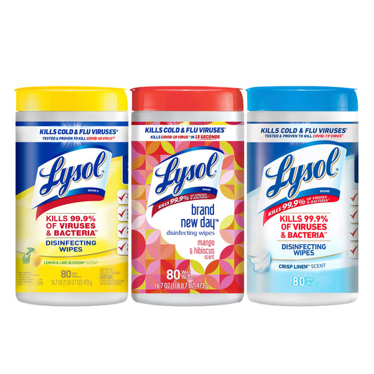 Lysol Disinfectant Wipes Bundle, Multi-Surface Antibacterial Cleaning Wipes, For Disinfecting & Cleaning, contains x1 Lemon & Lime Blossom (80ct) x1 Crisp Linen (80ct) & x1 Mango & Hibiscus (80ct)