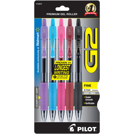 Pilot G2 Retractable Gel Ink Pens, Fine Point, Assorted Colors, 5 Pack, 581480431