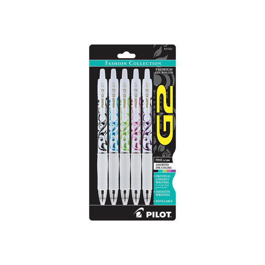 Pilot G2 White Barrel Fashion Collection Gel Pens, Fine Point, Assorted Ink, 5 Count