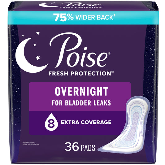Poise Incontinence Pads for Women, 8 Drop, Overnight Absorbency, Extra-Coverage, 36Ct