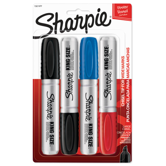 Sharpie King Size Permanent Marker, Large Chisel Tip, Great for Poster Boards, Assorted, 4 Count