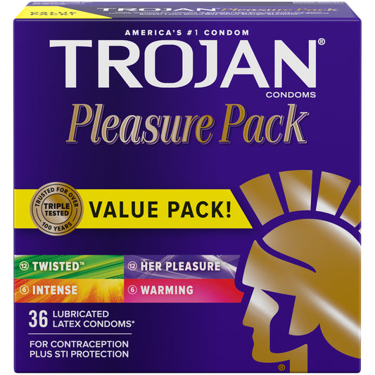 TROJAN Pleasure Pack Assorted Condoms, Lubricated Condoms Value Pack, 36 Count