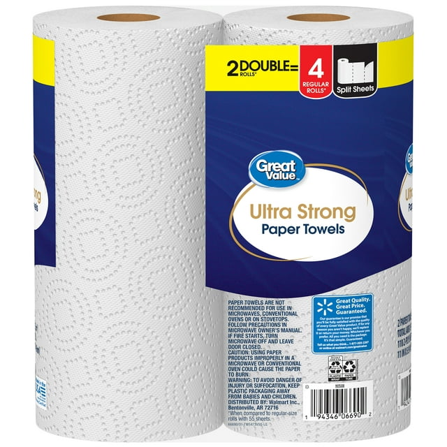Great Value Ultra Strong Paper Towels, White, 2 Double Rolls