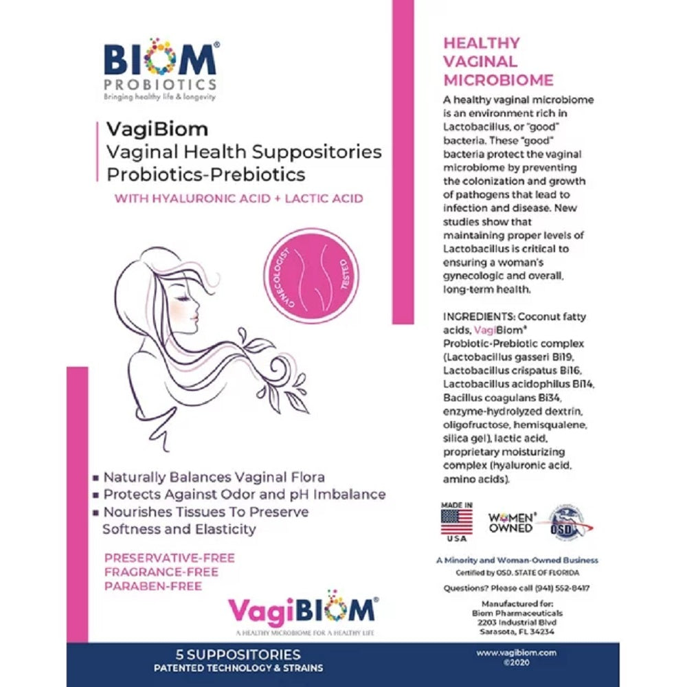 Vagibiom Vaginal Probiotic Suppository for Women, Fragrance Free, 5 Count