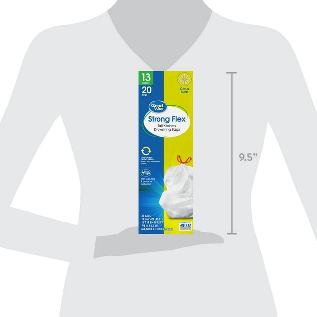 Great Value Strong Flex 13-Gallon Drawstring Tall Kitchen Trash Bags, Citrus Burst