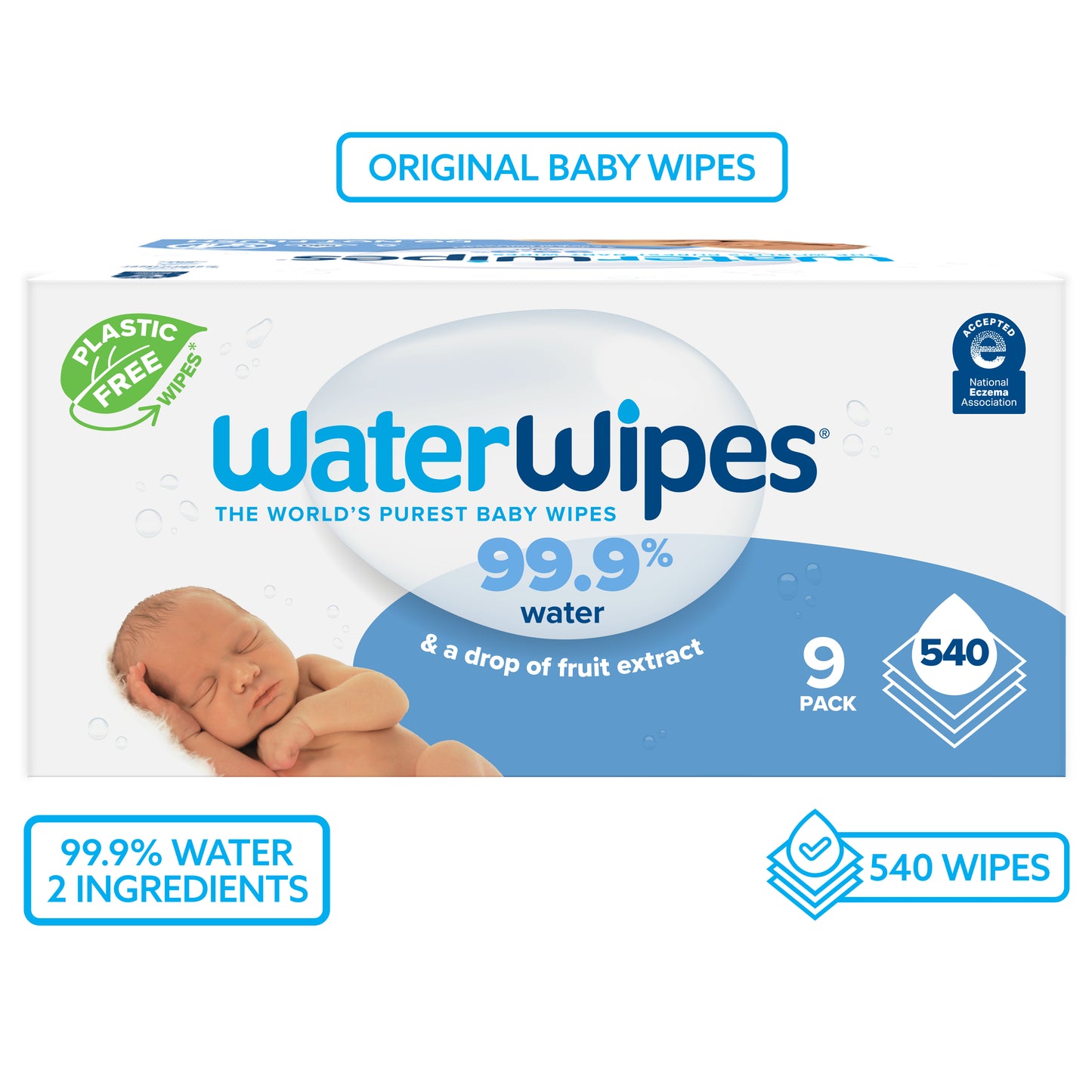 WaterWipes Plastic-Free Original 99.9% Water Based Baby Wipes, Fragrance-Free for Sensitive Skin, 540 Count (9 Packs)