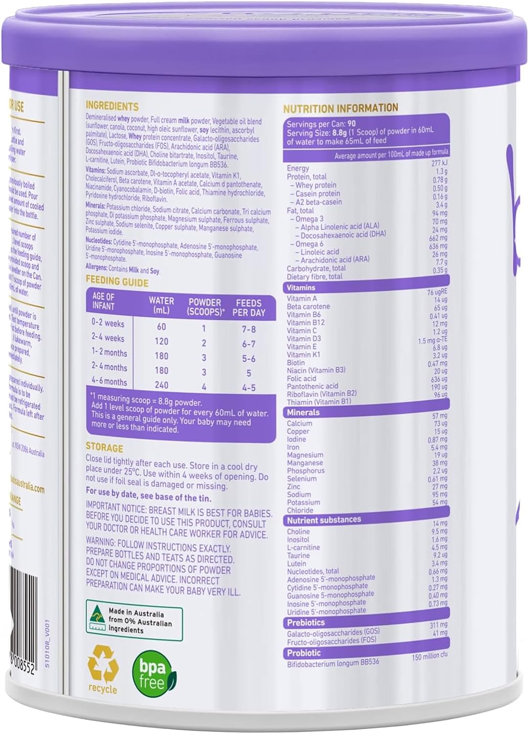 Bubs Supreme Infant Formula, Stage 1, Infants 0-6 months, Made with A2 Beta-Casein Protein Cows Milk, 28.2 oz