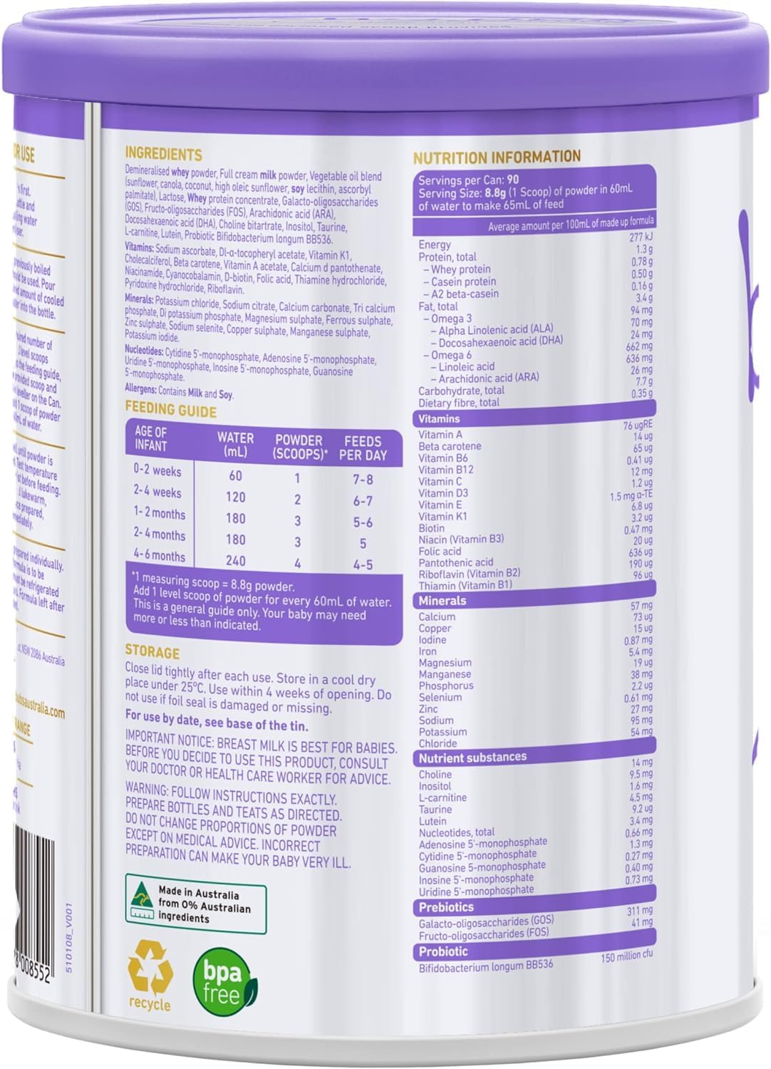Bubs Supreme Infant Formula, Stage 1, Infants 0-6 months, Made with A2 Beta-Casein Protein Cows Milk, 28.2 oz