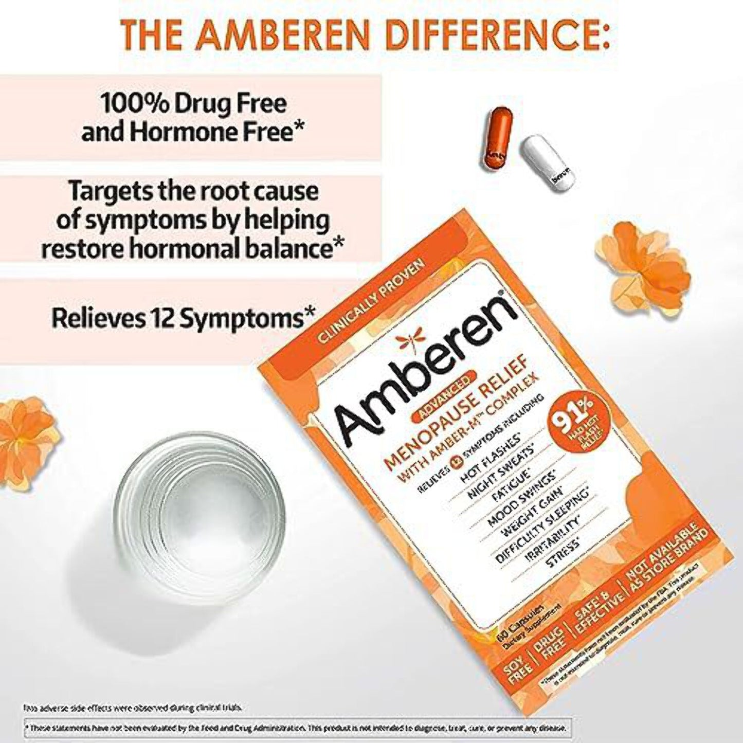 Amberen Multi-Symptom Menopause Relief Supplements for Women, Hot Flash & Night Sweats Relief, 60 count